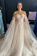 Ralap | Vestido de baile con encaje floral tridimensional rosa rubor y escote a los hombros