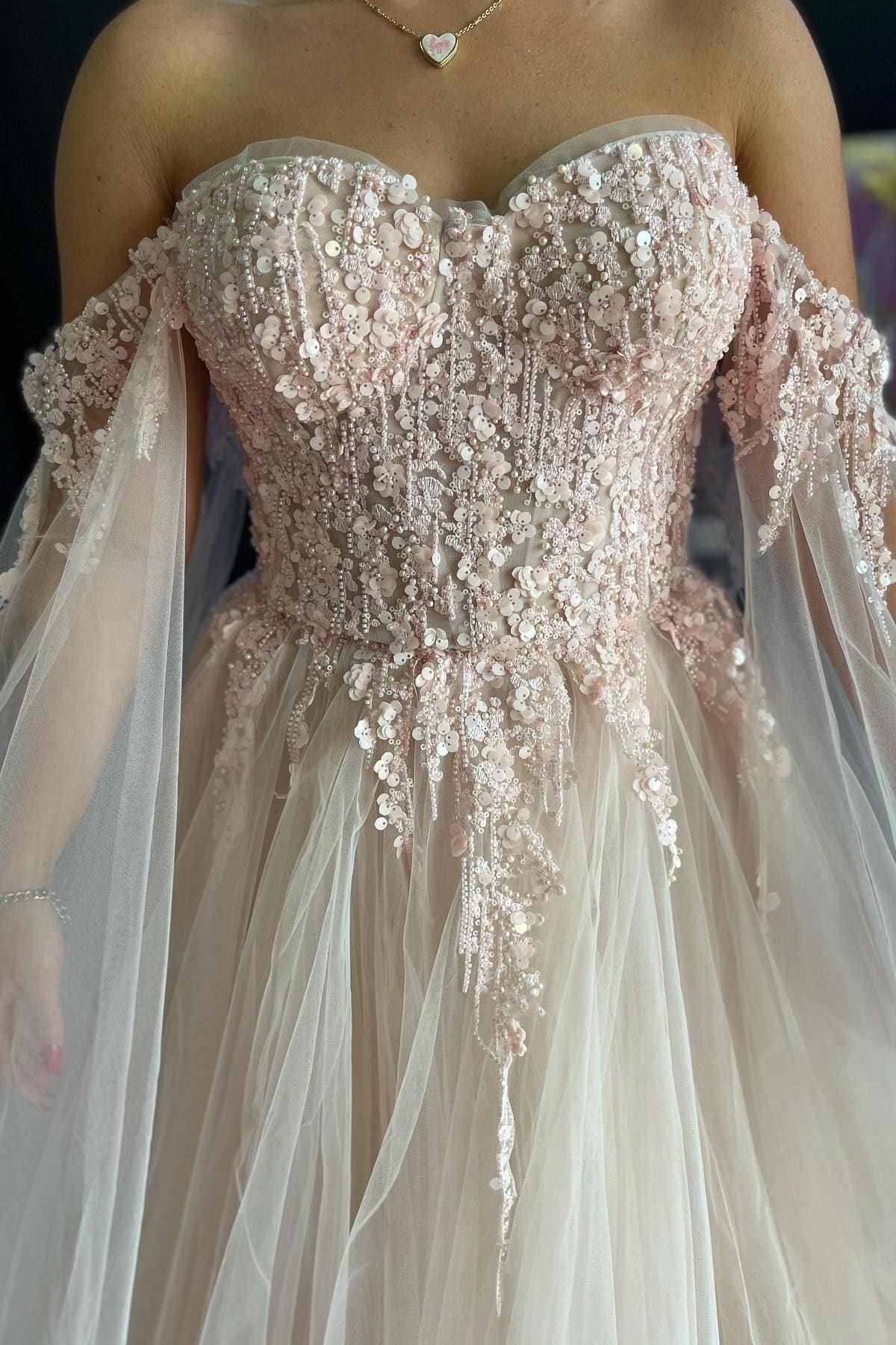 Ralap | Vestido de baile con encaje floral tridimensional rosa rubor y escote a los hombros