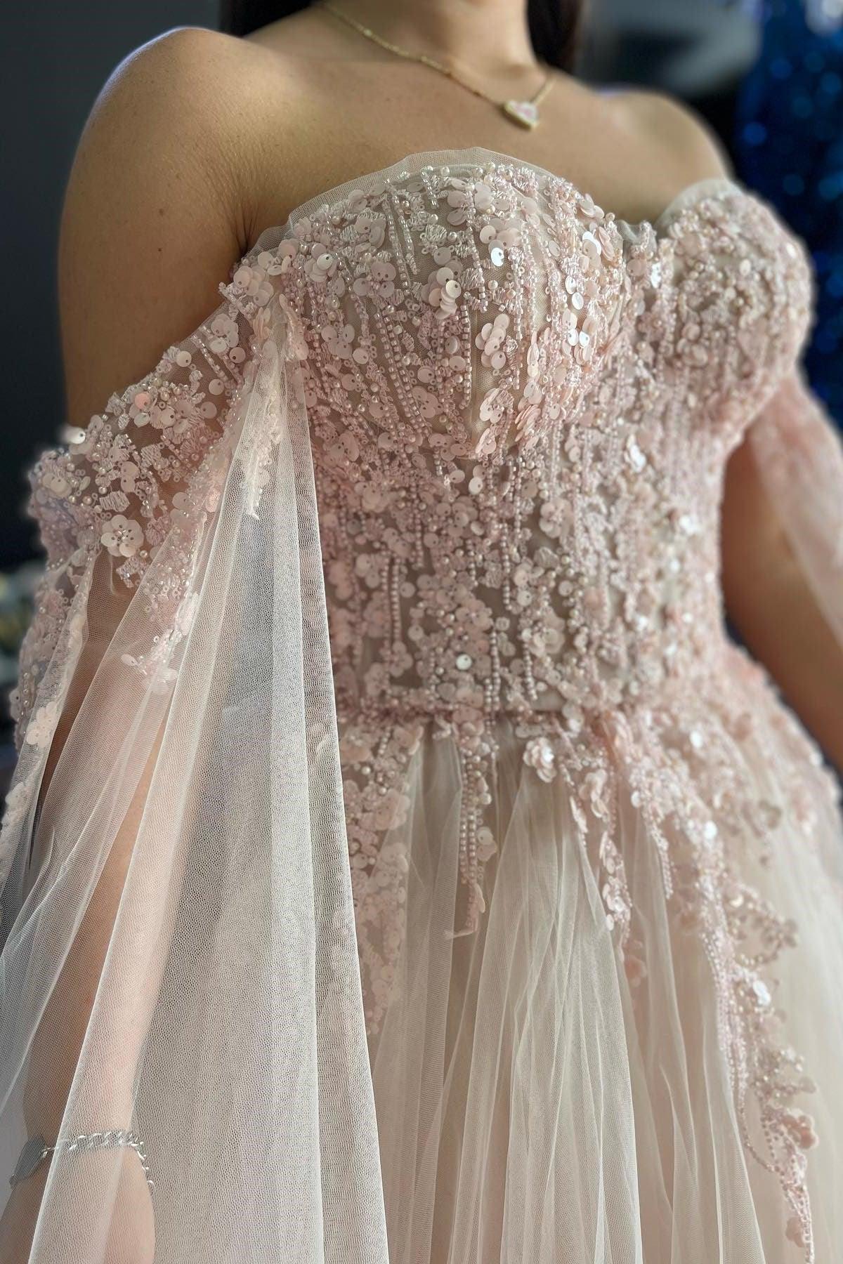 Ralap | Vestido de baile con encaje floral tridimensional rosa rubor y escote a los hombros