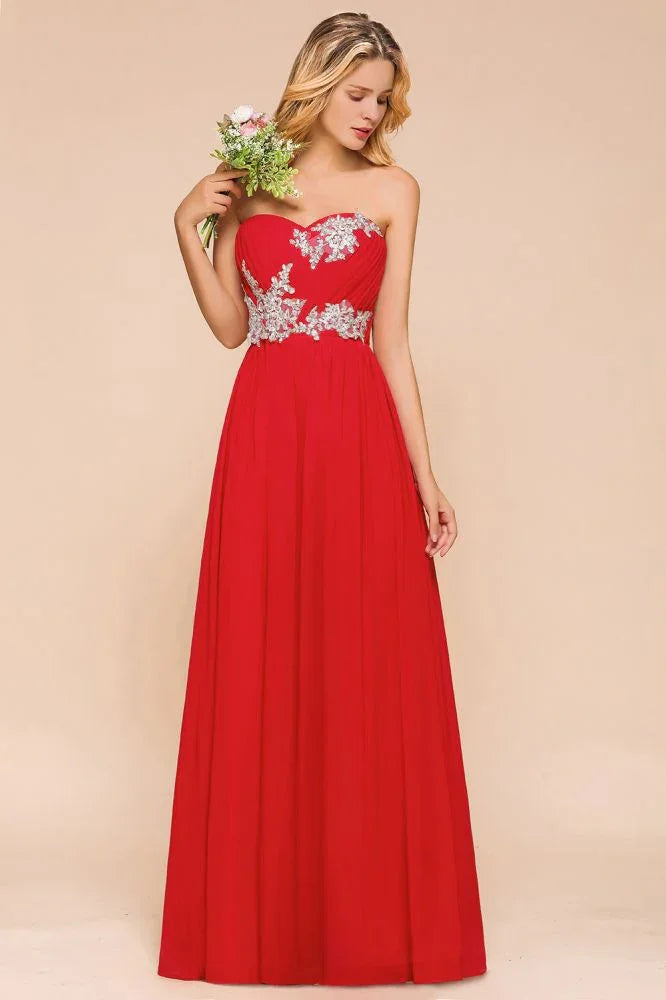 Red Charming Strapless Appliques Evening Maxi Dress Wedding Party Dress