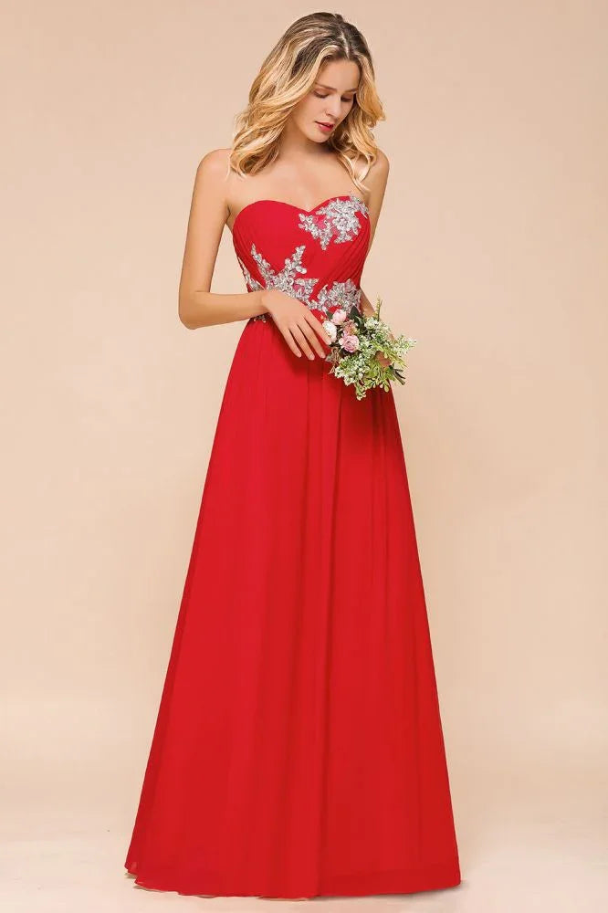 Red Charming Strapless Appliques Evening Maxi Dress Wedding Party Dress
