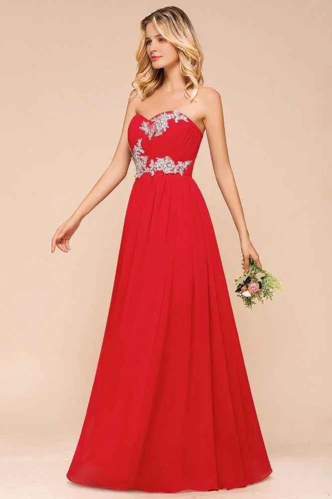Red Charming Strapless Appliques Evening Maxi Dress Wedding Party Dress