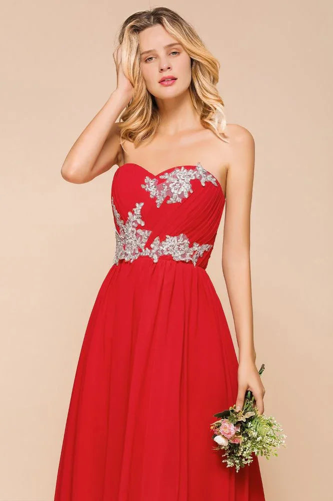 Red Charming Strapless Appliques Evening Maxi Dress Wedding Party Dress