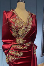 Robes de soirée rouges à manches, robes de bal élégantes longues jusqu'au sol