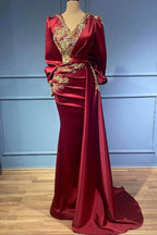 Robes de soirée rouges à manches, robes de bal élégantes longues jusqu'au sol