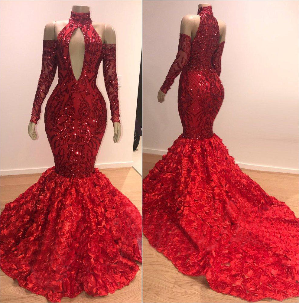 Abito da cerimonia a sirena rosso con collo alto e maniche lunghe a fiori