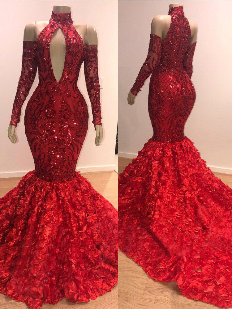 Abito da cerimonia a sirena rosso con collo alto e maniche lunghe a fiori