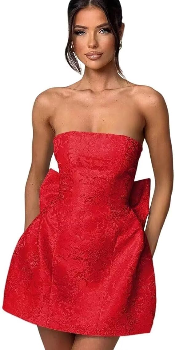 Robe courte de bal bustier pour retour à la maison, robe de fête sans manches à laçage en satin jacquard avec nœud