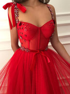 Red Long A-line Tulle Beaded Floral Formal Evening Graduation Prom Dresses