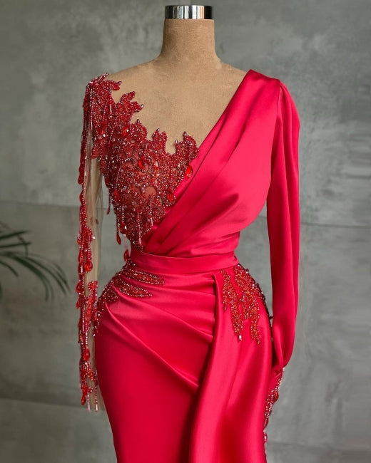 Robes longues rouges de bal | Robes de soirée à manches