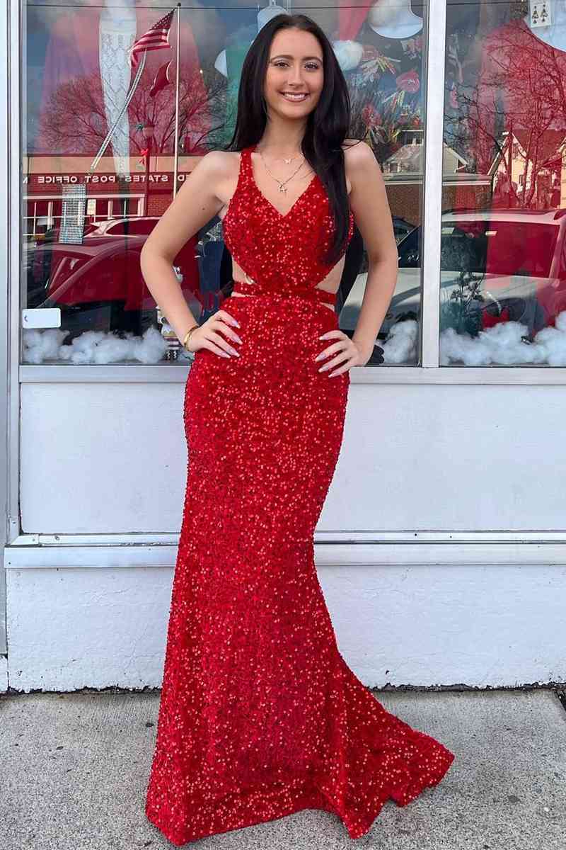 Vestido de fiesta largo de sirena con escote en V y lentejuelas, sin espalda