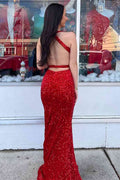 Vestido de fiesta largo de sirena con escote en V y lentejuelas, sin espalda