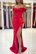 Red Off The Shoulder Mermaid Evening Maxi Dress with Side Slit