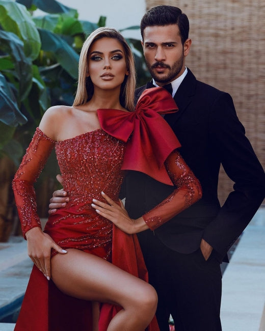 Red Sexy Long Glitter Prom Dresses With Sleeves