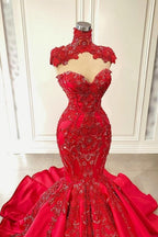 Abito da sera lungo fino a terra in raso a sirena senza maniche rosso con perline, stile sweetheart