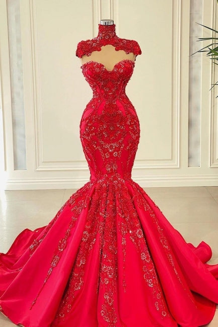 Abito da sera lungo fino a terra in raso a sirena senza maniche rosso con perline, stile sweetheart
