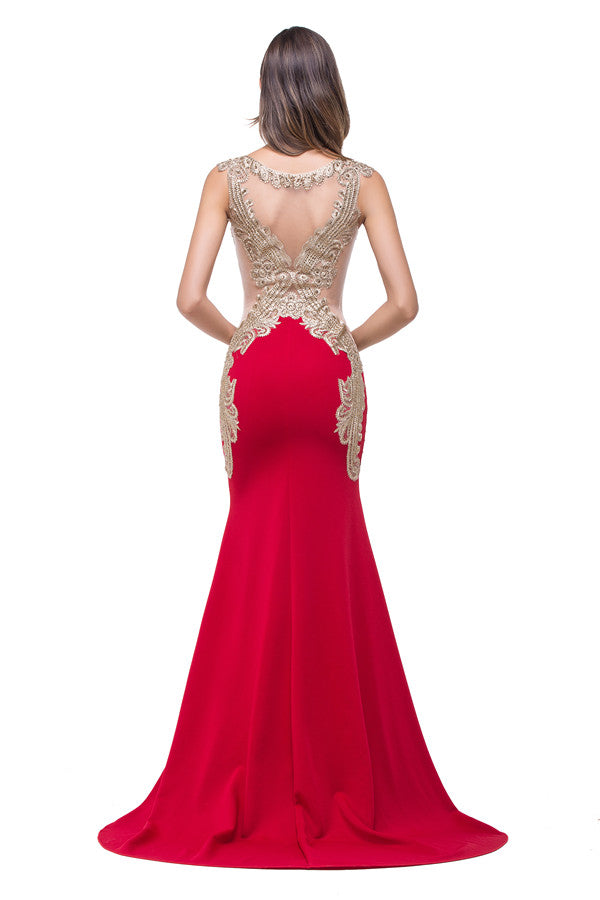 Vestidos formales de sirena con escote en V rojo y largo hasta el suelo con apliques