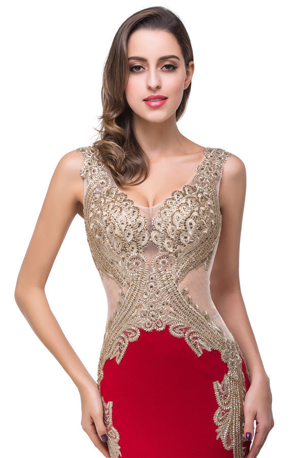Vestidos formales de sirena con escote en V rojo y largo hasta el suelo con apliques
