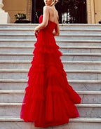 A-Line Strapless Ruffled Tulle Prom Dress