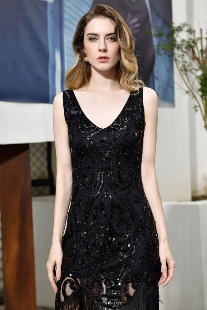 Abito lungo aderente da sera con paillettes scintillanti, nero, scollo a V, senza maniche, stile flapper per feste sfavillanti