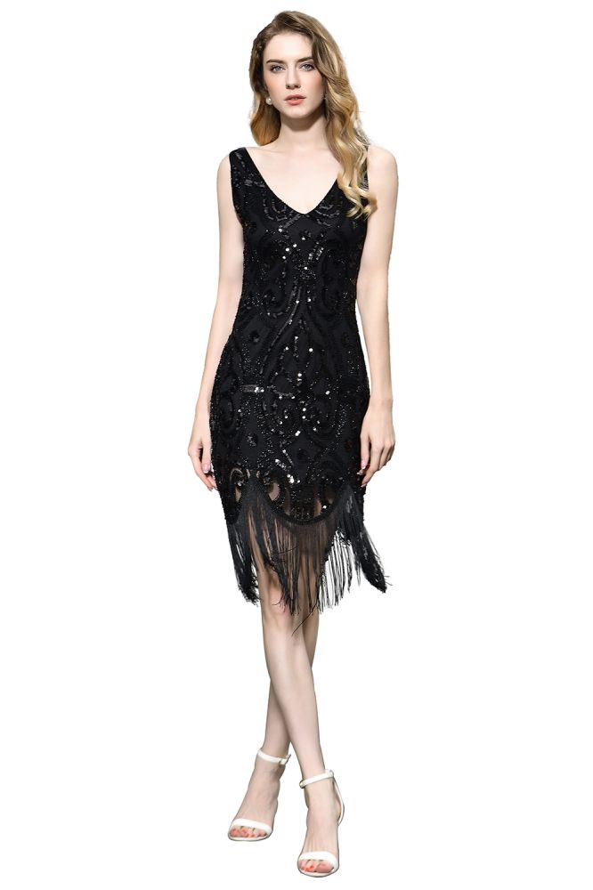 Abito lungo aderente da sera con paillettes scintillanti, nero, scollo a V, senza maniche, stile flapper per feste sfavillanti