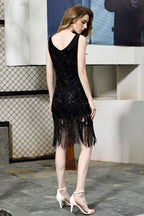 Abito lungo aderente da sera con paillettes scintillanti, nero, scollo a V, senza maniche, stile flapper per feste sfavillanti