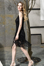 Abito lungo aderente da sera con paillettes scintillanti, nero, scollo a V, senza maniche, stile flapper per feste sfavillanti