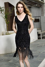 Abito lungo aderente da sera con paillettes scintillanti, nero, scollo a V, senza maniche, stile flapper per feste sfavillanti