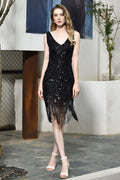 Abito lungo aderente da sera con paillettes scintillanti, nero, scollo a V, senza maniche, stile flapper per feste sfavillanti