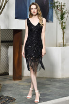 Abito lungo aderente da sera con paillettes scintillanti, nero, scollo a V, senza maniche, stile flapper per feste sfavillanti