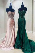 Rodina | Cut Glass Mirror Rhinestone Corset Long Evening Dress with Slit