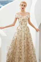 Vestido romántico floral de manga corta en línea A para fiesta de primavera por la tarde, vestido largo hasta el suelo para bailar