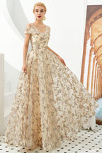 Vestido romántico floral de manga corta en línea A para fiesta de primavera por la tarde, vestido largo hasta el suelo para bailar