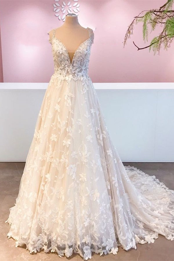 Abito da sposa romantico lungo a linea ad A con scollo a cuore, applicazioni in pizzo e tulle