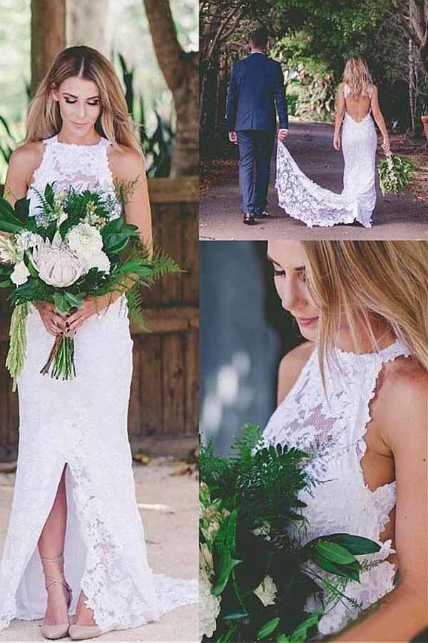 Vestidos de Noiva Românticos e Sensuais com Fenda Frontal, Costas Descobertas, Sem Mangas e Renda, com Cauda