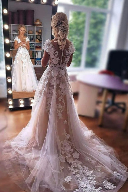 Robe de mariée romantique sans manches en ligne A avec dentelle florale 3D en tulle