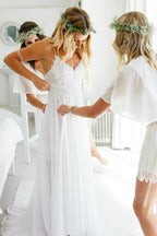 Abito da sposa romantico in chiffon con scollo a cuore e pizzo per la spiaggia