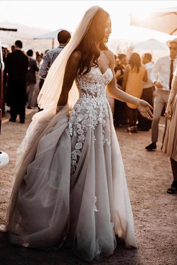 Vestido de Noiva Romântico Doce Estilo Boémio com Renda 3D
