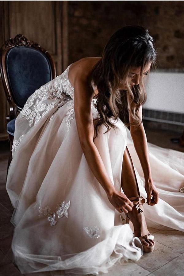 Vestido de Noiva Romântico Doce Estilo Boémio com Renda 3D