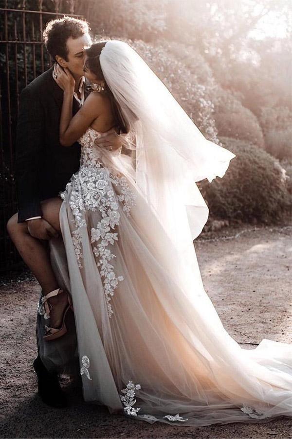 Vestido de Noiva Romântico Doce Estilo Boémio com Renda 3D