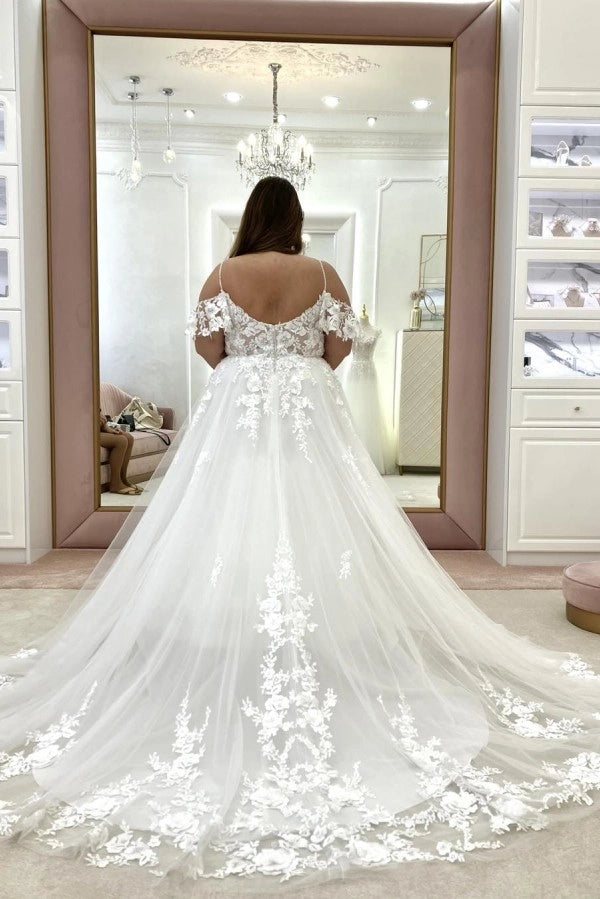 Romantic White Off The Shoulder A Line Wedding Dress With Appliques Chapel Train