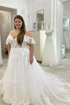 Romantic White Off The Shoulder A Line Wedding Dress With Appliques Chapel Train