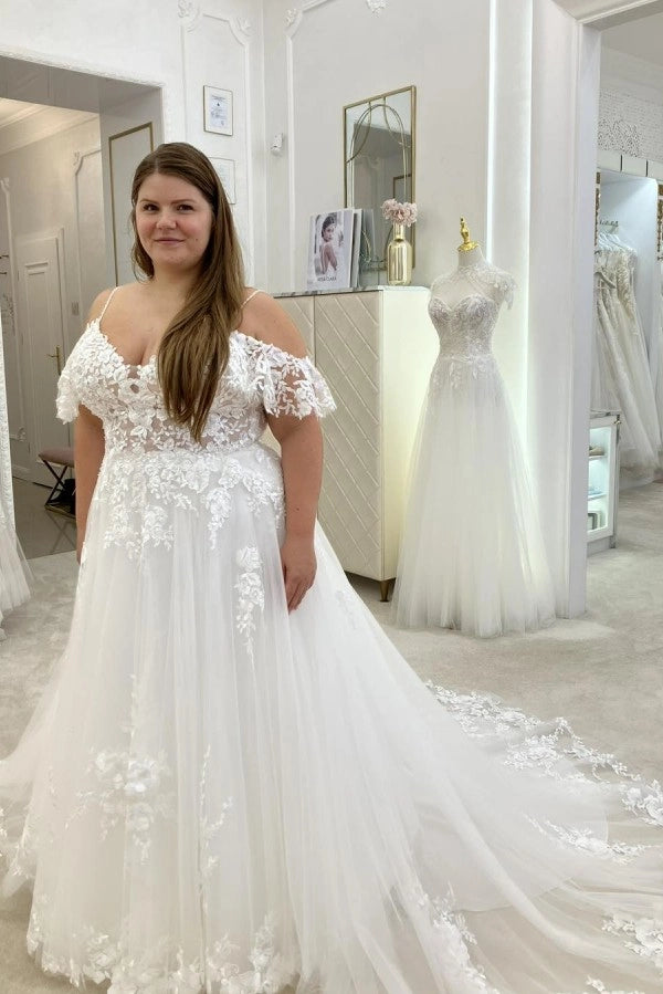 Romantic White Off The Shoulder A Line Wedding Dress With Appliques Chapel Train