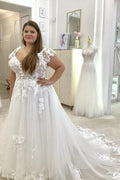 Romantic White Off The Shoulder A Line Wedding Dress With Appliques Chapel Train