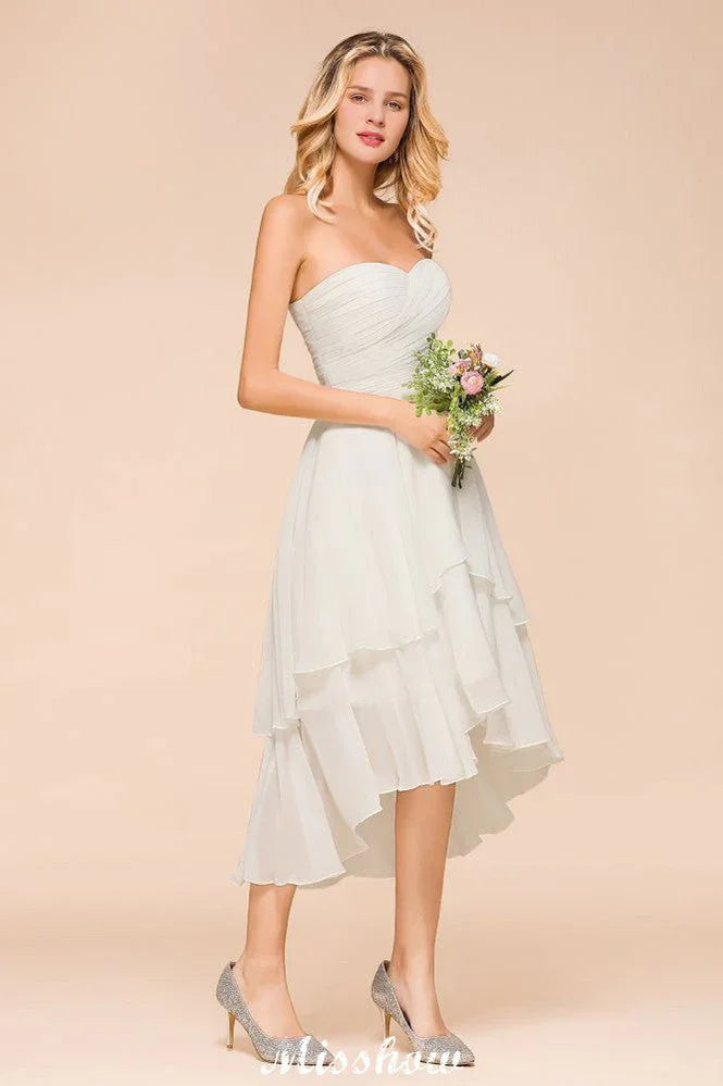 Romantic White/Ivory Sweetheart Hi-Lo Bridesmaid Dress Sleeveless Beach Wedding Guest Dress