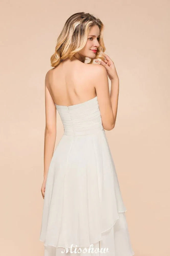 Romantic White/Ivory Sweetheart Hi-Lo Bridesmaid Dress Sleeveless Beach Wedding Guest Dress