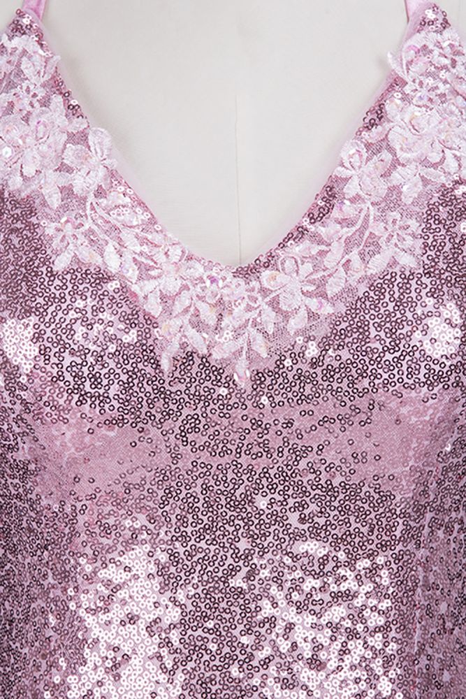 Rose Pink Sequins Mermaid Long Spaghetti Straps V-neck Prom Dresses