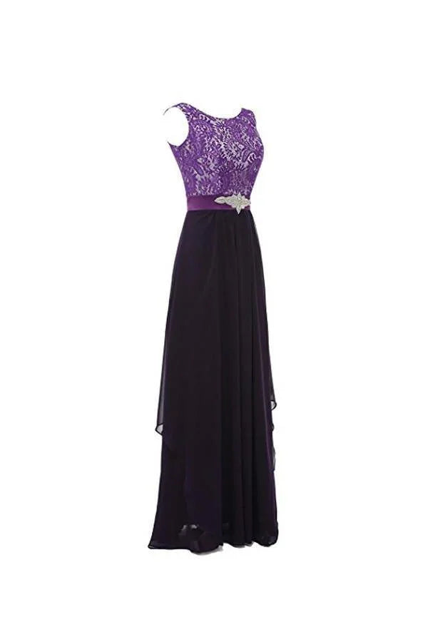 Round Neck Lace Sleeveless Long Prom Evening Dresses Bridesmaid Dress BD010