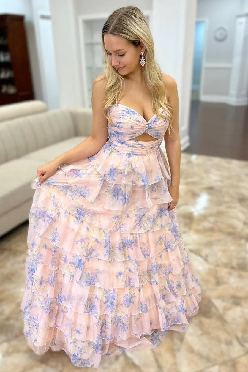 Roxana | Floral Print Cutout Tiered A-Line Long Dress With Ruffles