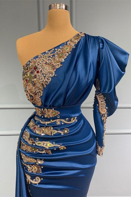 Vestido de fiesta de satén elástico, asimétrico, de un solo hombro, azul real, con apliques